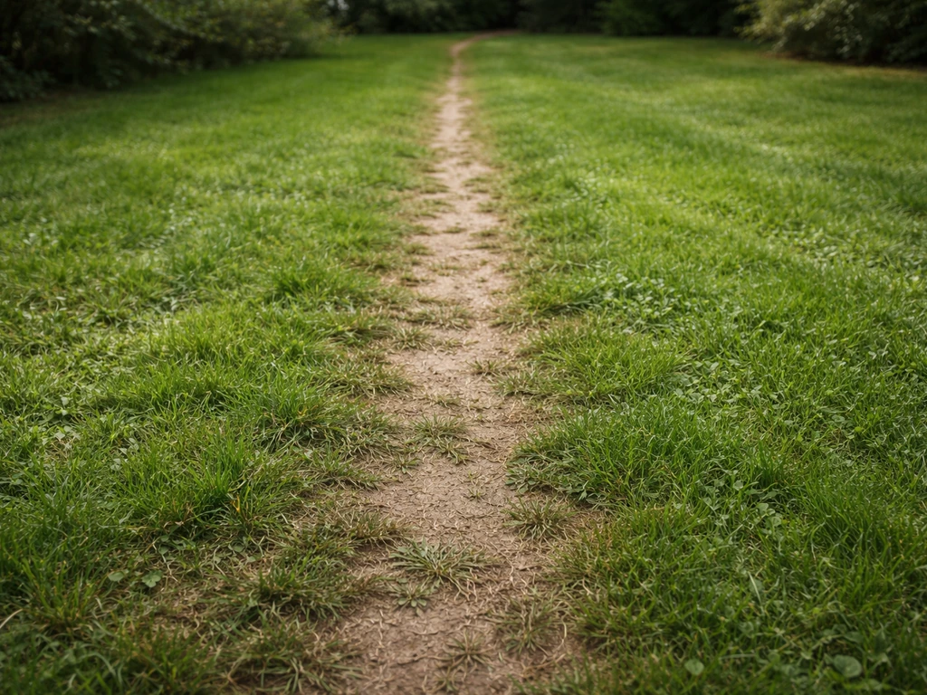 Bovenaanzicht van een versleten pad in het gras met platgedrukte baan en ongelijk groen ernaast in een NL-tuin.