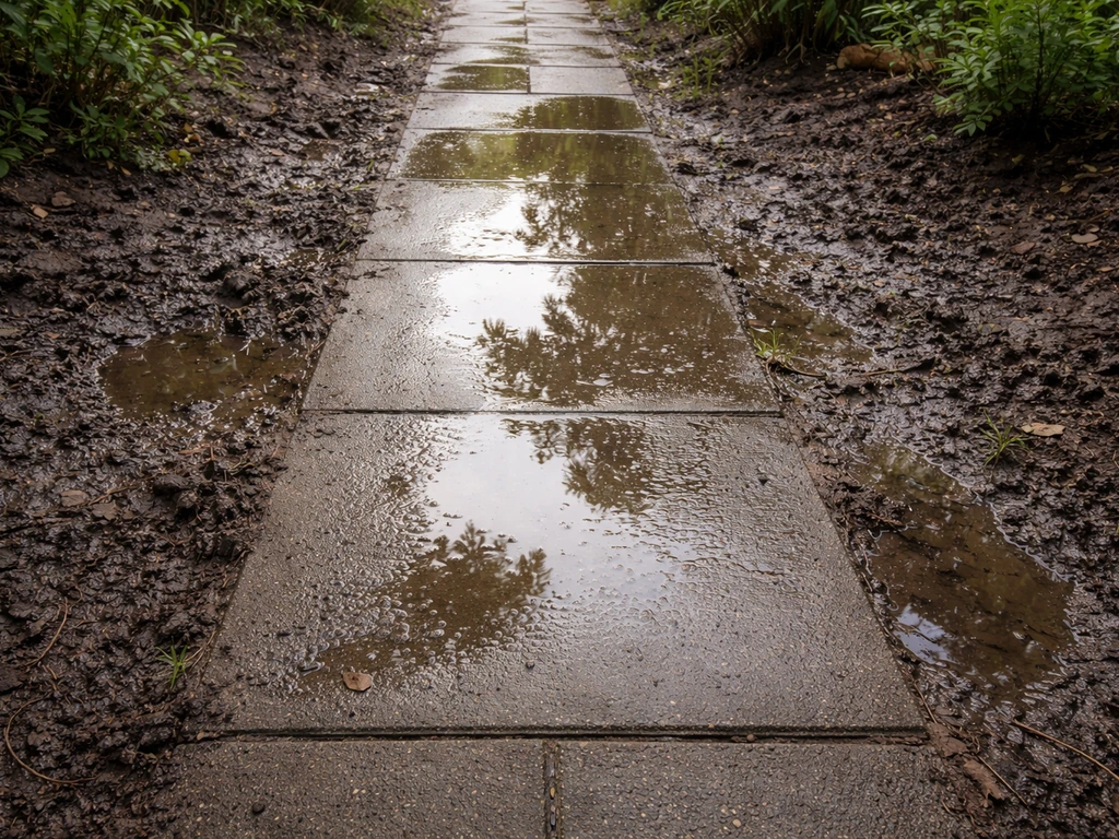 Plas water dat na regen op een tuinpad blijft staan, met drassige grond rond de plek
