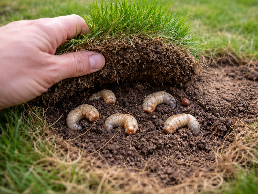 Iemand tilt een graspol op; onder het gras zijn witte engerlingen zichtbaar in de toplaag.