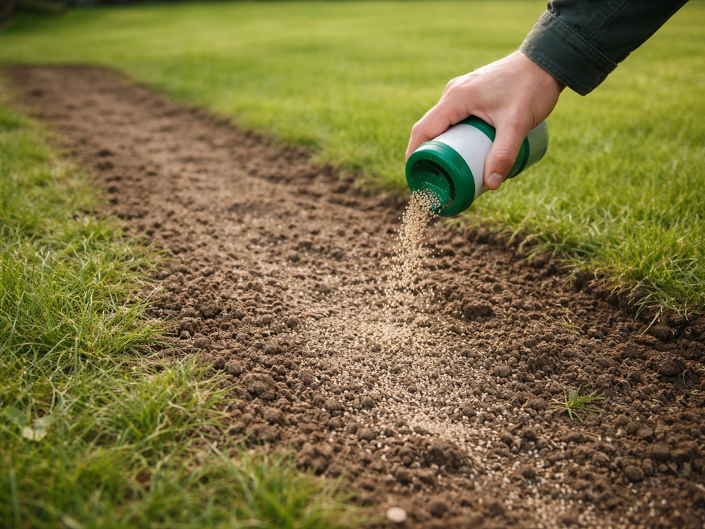 Ruwgeharkte kale baan in het gazon met vallend graszaad dat in de grond terechtkomt.