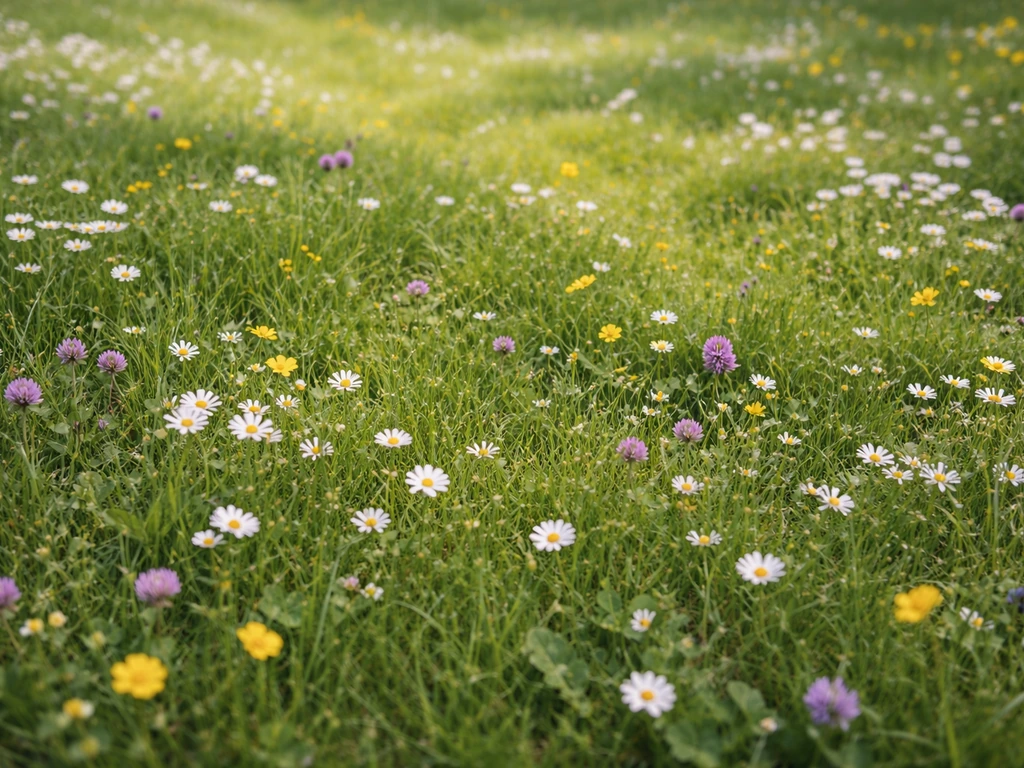 Bovenaanzicht van een bloemrijk gazon met grassen en wilde bloemen in zacht natuurlijk licht.