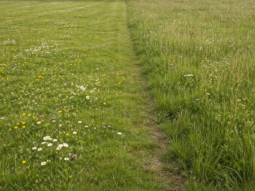 Twee naast elkaar gelegen velden: bloemrijk gazon met bloemen en soortenrijk ecologisch grasland met kruiden.