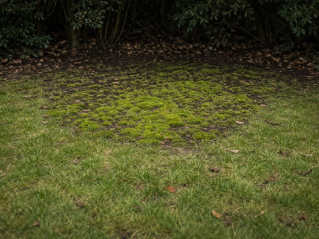 Voor aanzicht van een gazon met duidelijk mos tussen het gras in een schaduwrijke, vochtige plek.
