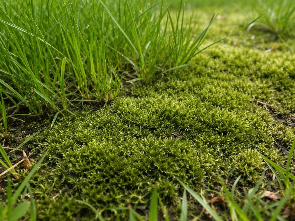 Close-up van mos naast grassprieten, zichtbaar donkergroen, vochtige moslaag en lagere hoogte.