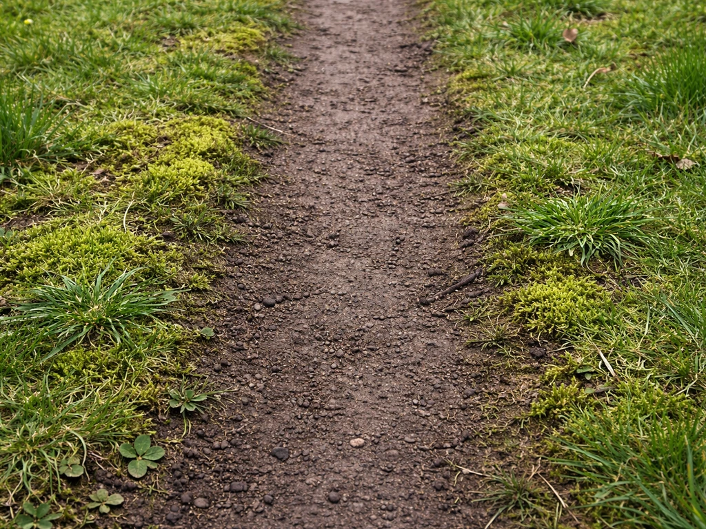 Verdichte graszode langs een belopen pad met meer mos en dunner gras aan de rand.