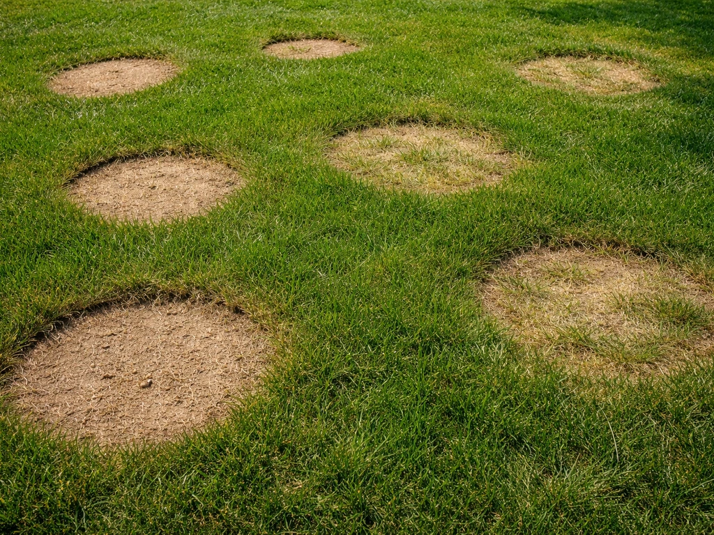 Nabijbeeld van ronde kale plekken in het gras met verschillende kleuren en scherpte van de randen.