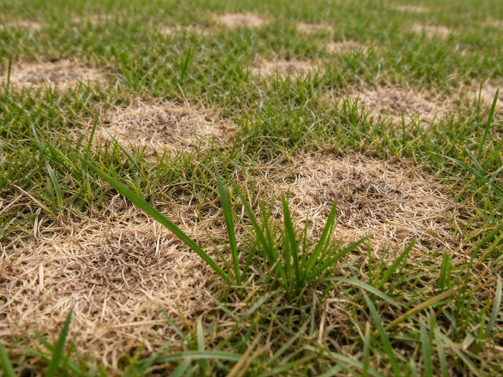 Close-up van een gazon met kleine bleekbruine ronde schimmelplekken (dollarspot).