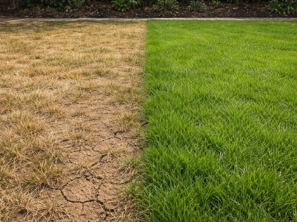 Linker deel van het gazon bruin door droogte, rechter deel groen en gezond in dezelfde tuinhoek