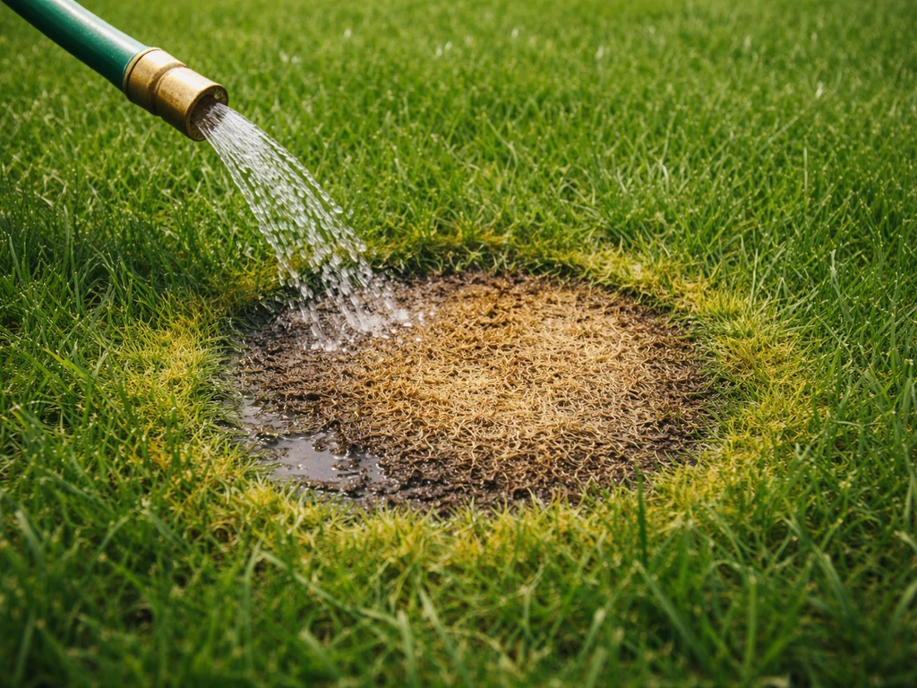 Ronde kale plek op gras met geel-bruine urineschade en donkergroene/grijs-groene rand, natte doorspoeling