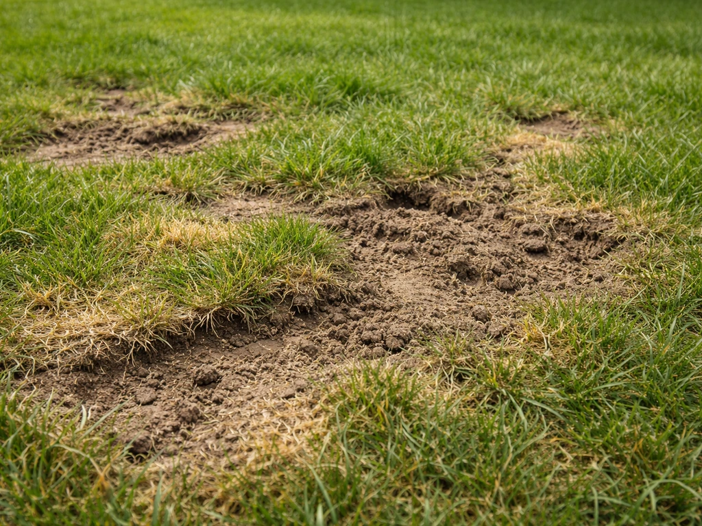 Close-up van een Nederlands gazon met kale en gelige schadeplekken en lichte sporen in de grond.