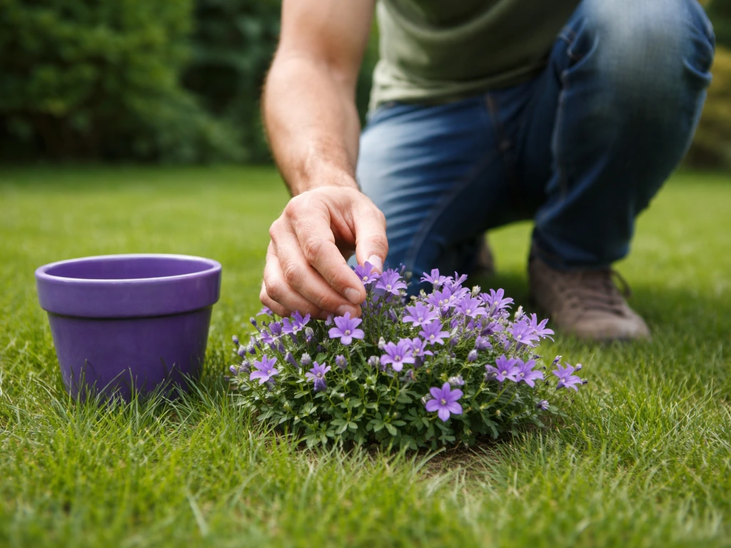 Anonieme tuinier die knielend een paars bloeiend plantje in het gazon controleert.
