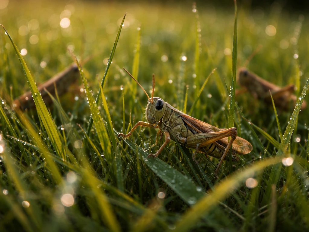 Sprinkhanen in een Nederlands gazon, zichtbaar tussen de grassprieten bij zacht ochtendlicht.