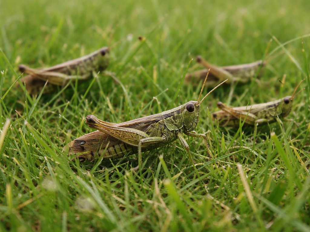 Close-up van veldsprinkhanen in een grasmat, met groen-bruin kleurverschil en typische houding.