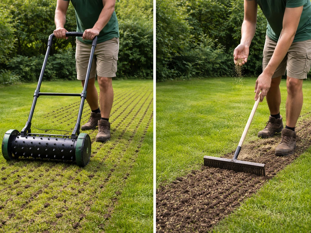 Tuinier belucht een gazon met een beluchtingsmachine en verwerkt daarna graszaad in de open bodem.