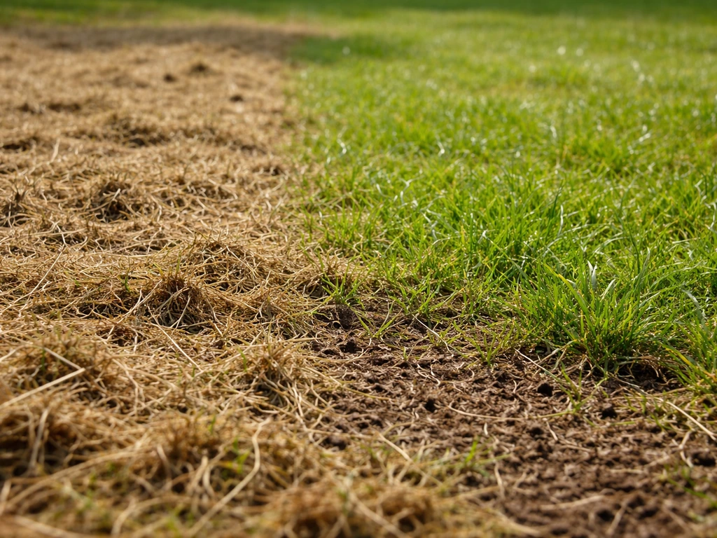 Close-up van verwijderde viltlaag (thatch) op het gazon en frisser, groen gras eronder.