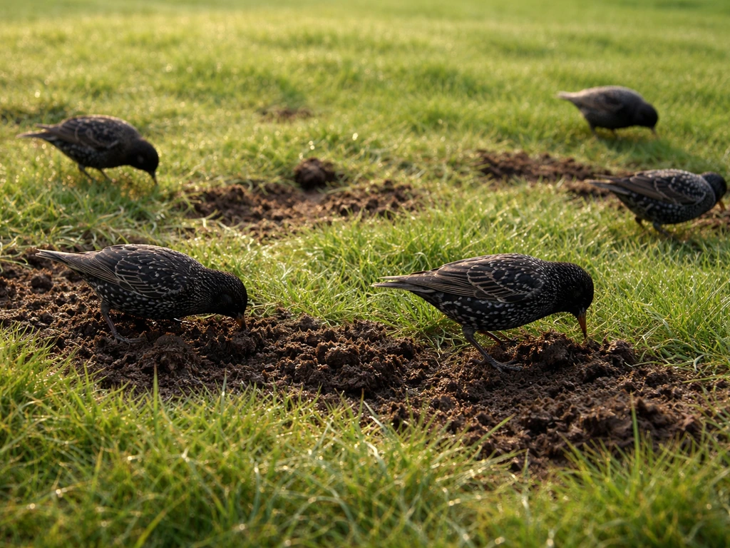 Meerdere spreeuwen op een grasveld met omgewoelde plekken en kale grond, alsof ze net zijn aan het foerageren.