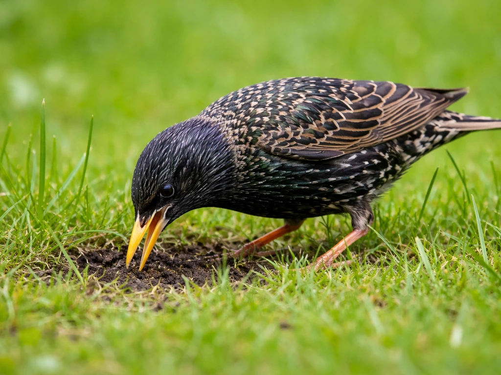 Close-up van een spreeuw die in het gras met zijn snavel de grond openpeutert.