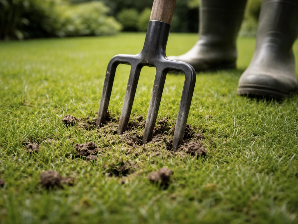 Close-up van gazon dat wordt doorprikt met een grasprikker voor betere drainage