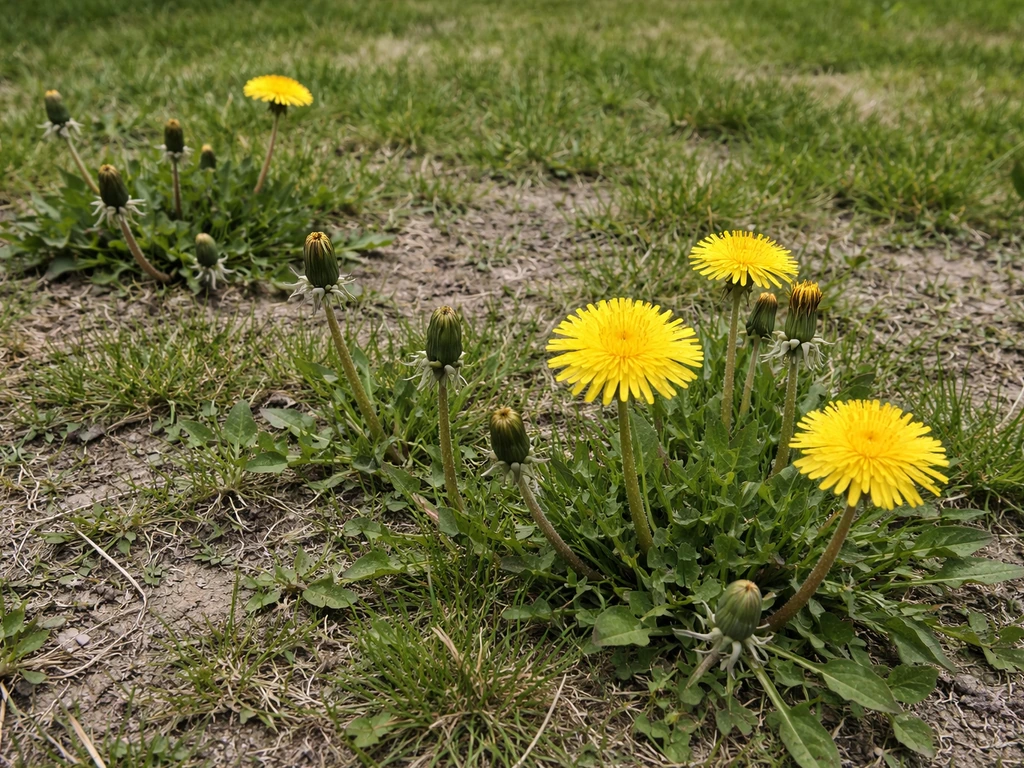 Paardenbloemen met gele bloemen en knoppen in een gazon met open plekken en dun gras