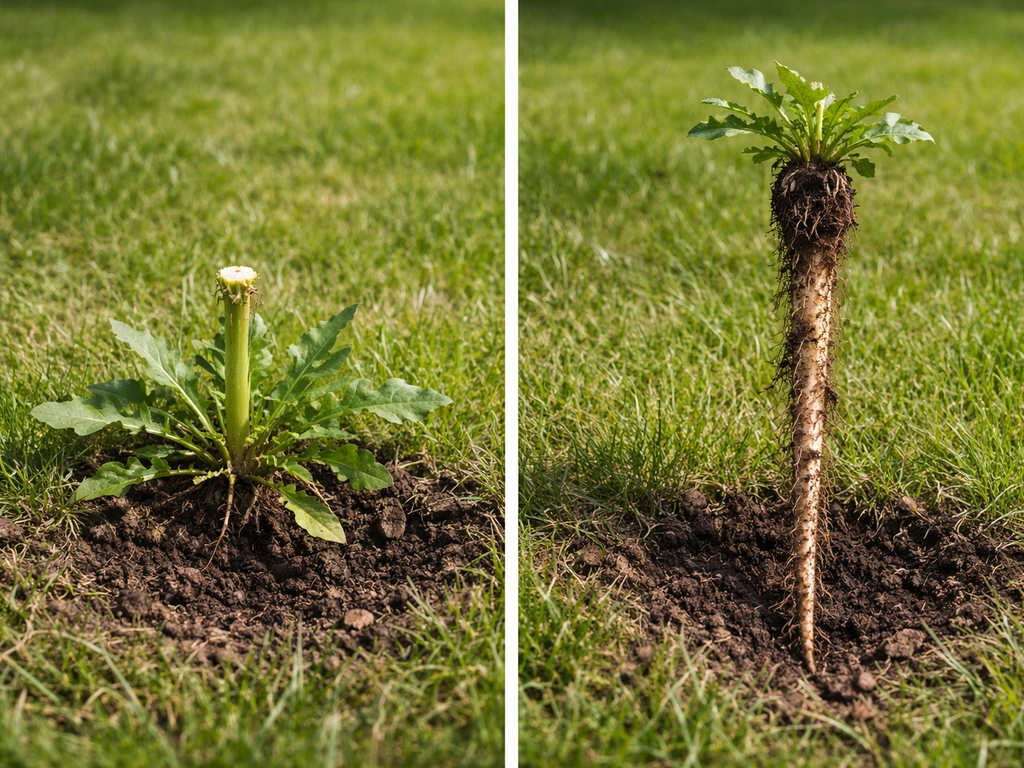 Close-up van paardenbloem op gras: links afgeknipt, rechts penwortel uitgestoken en zichtbaar.