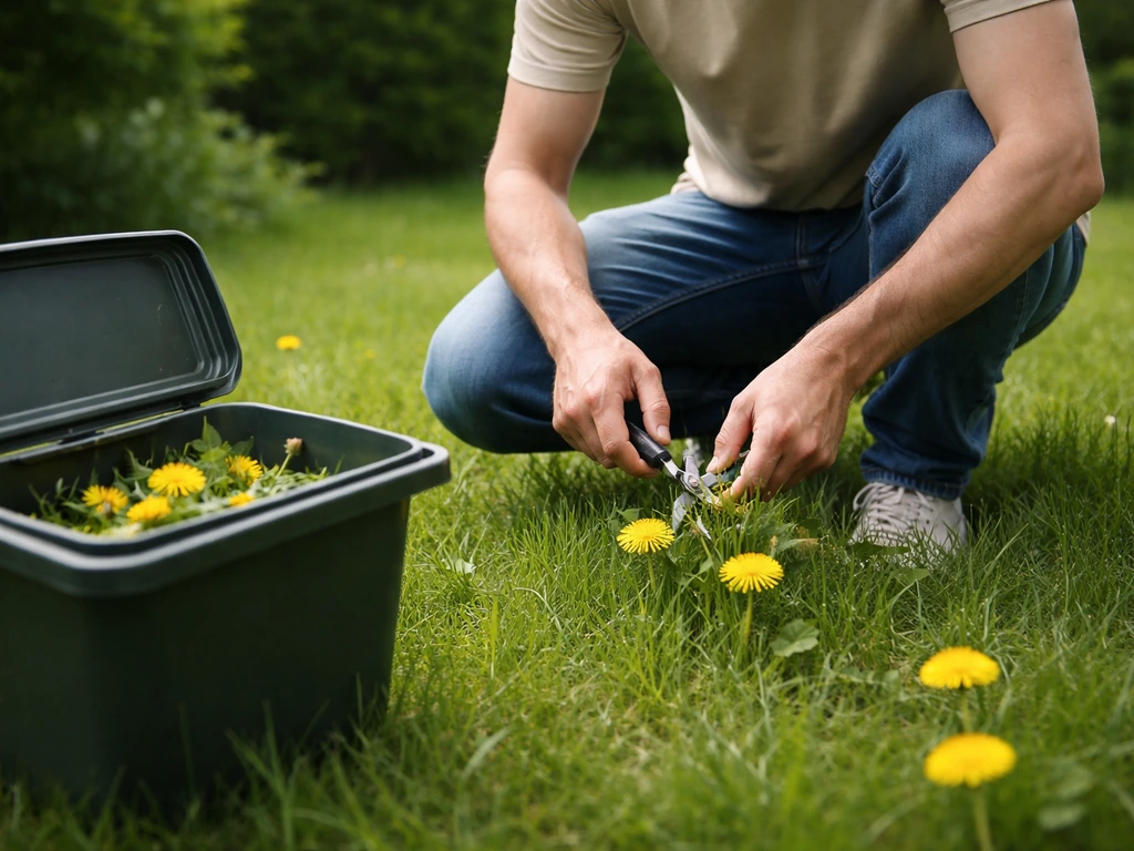 Iemand knipt paardenbloemen uit het gras en gooit het maaisel in een afvalbak, vóór de pluisfase.