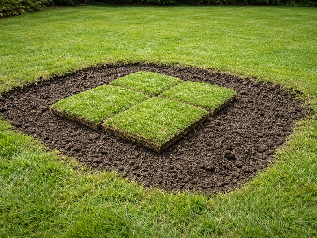 Kale plek in een groen gazon met omgewerkte grond en klaar liggende graszode voor herstel.