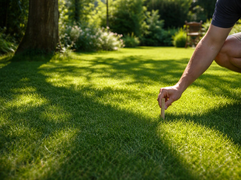 Hand controleert met meetlatje de schaduw op een gazon in de tuin; zonnige en schaduwrijke delen zichtbaar.