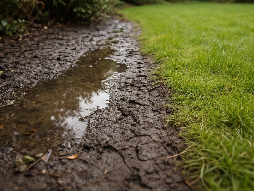 Zichtbaar natte grond met plas na regen, omringd door droger gras in een tuinperceel