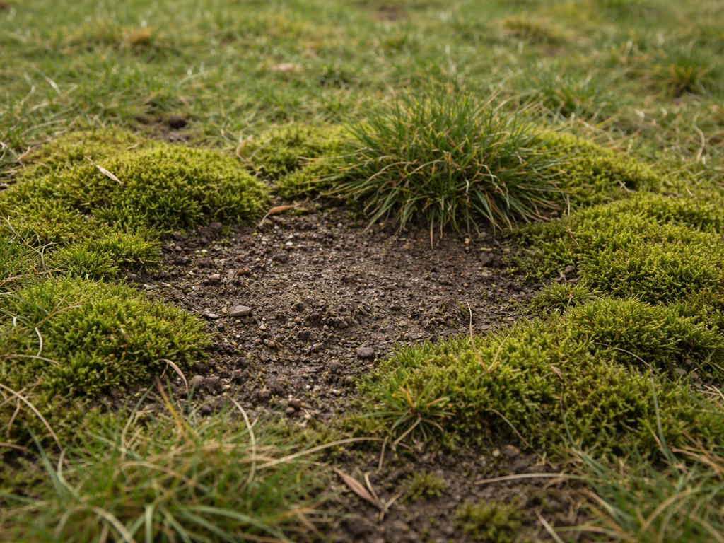 Mosvlekken die gras verdringen op een kale, zure bodemplek in het gazon.
