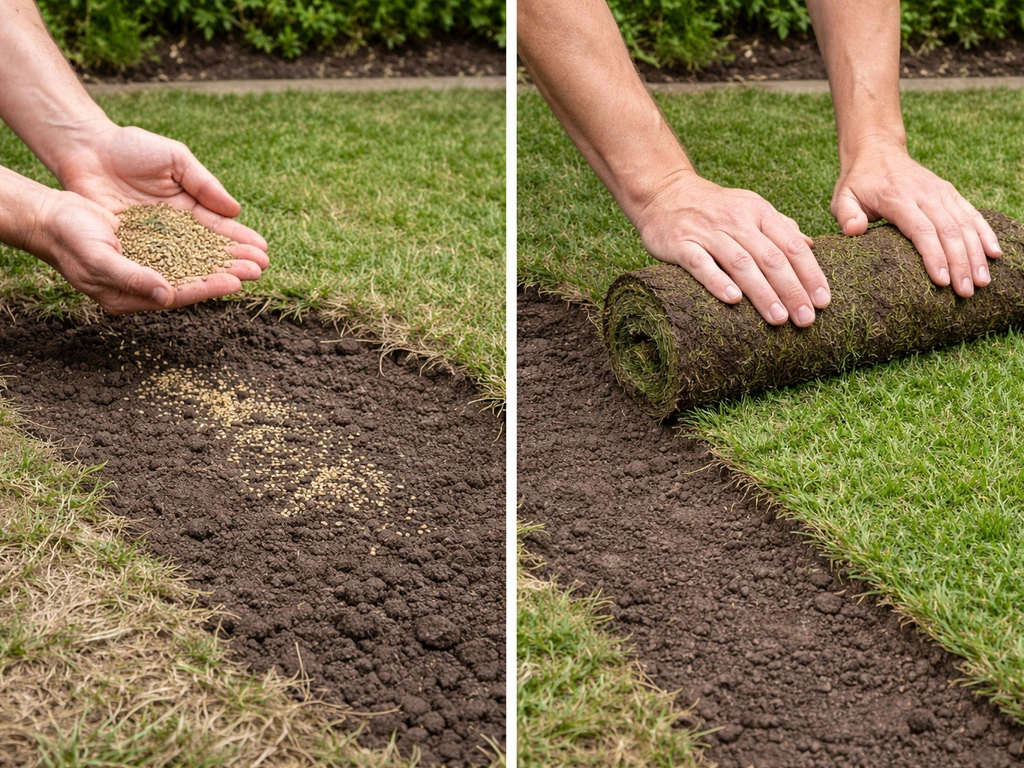 Vergelijkingsbeeld: persoon houdt graszaad vast naast vers gelegde graszoden op dezelfde kleine strook.