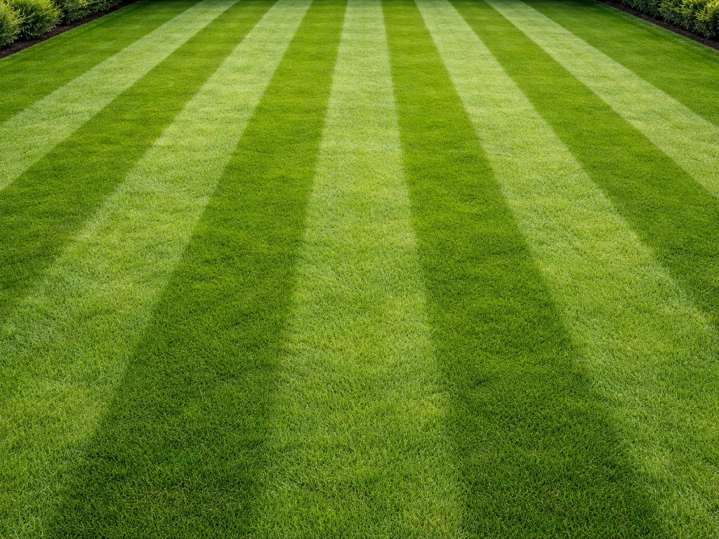 Bovenaanzicht van een gazon met duidelijke voetbalveldstrepen in licht en donker groen.