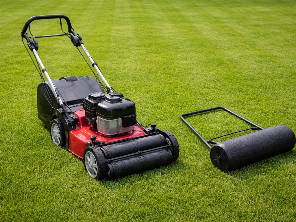 Gazonmaaier met achterwals en een striping-roller, met zichtbare instelknoppen op een groen gazon.