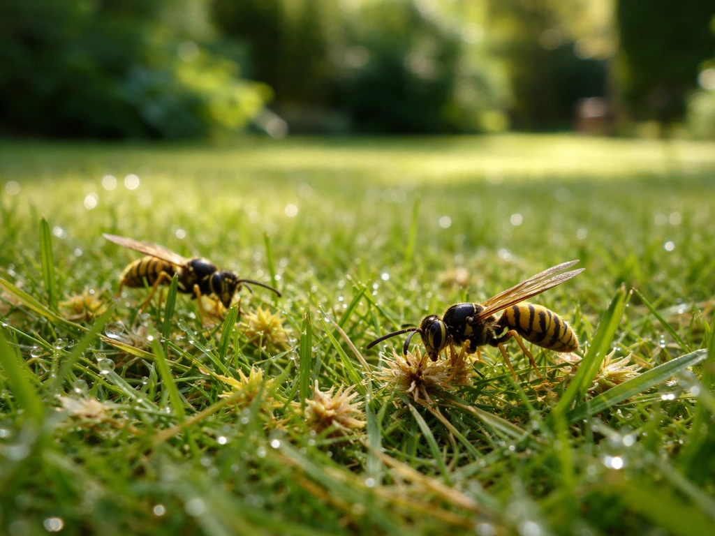 Close-up van gemaaid gras met enkele wespen die tussen grassprieten voedsel oppakken, geen nest zichtbaar.
