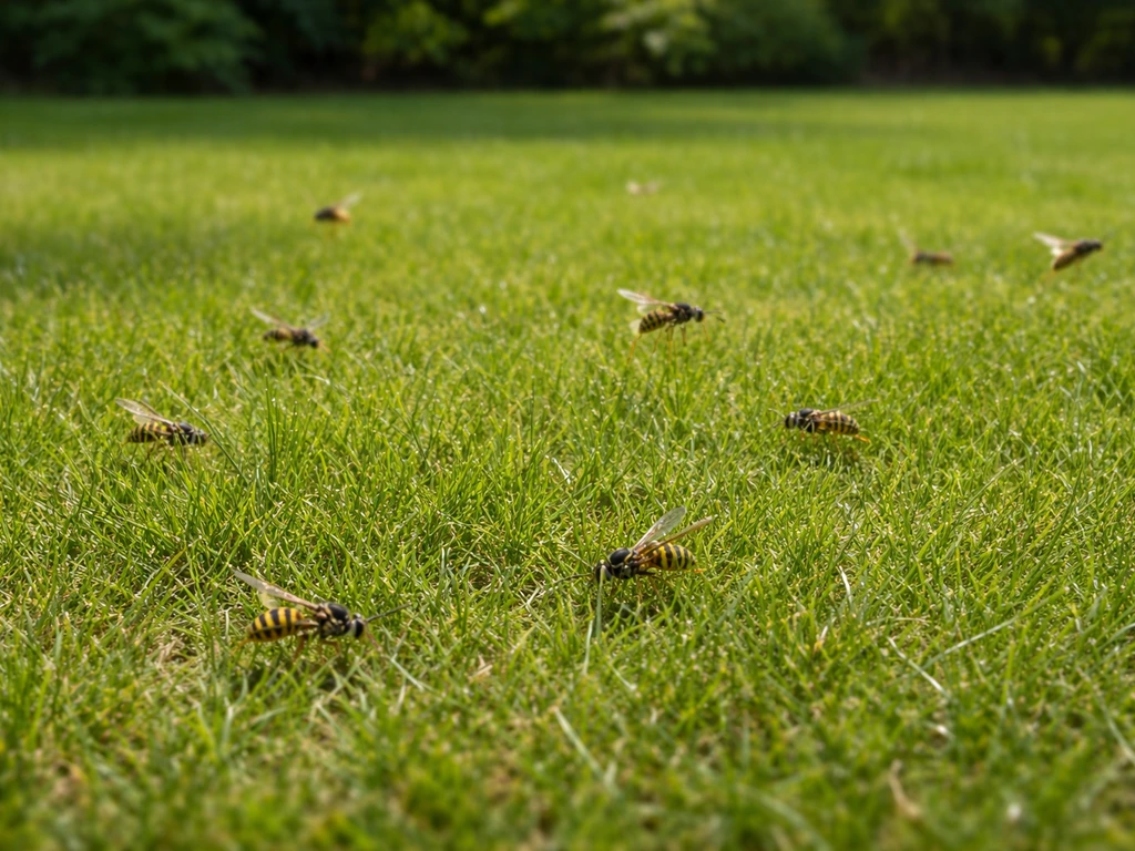 Wespen foerageren verspreid over het gras in een rustige tuin, meerdere plekken, geen zichtbaar nest.