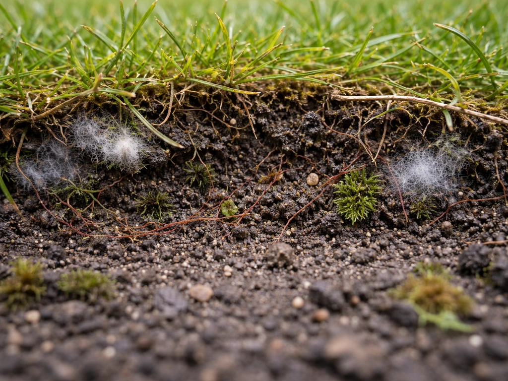 Close-up van uitgehaald gras met mos, schimmelpluis en roodbruine draadjes in de bovenste bodemlaag.