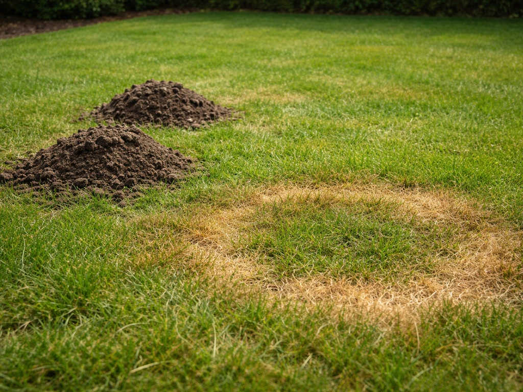 Gazon met molshopen en een gele/bruinige urineringschadeplek, duidelijk zichtbaar in één foto.
