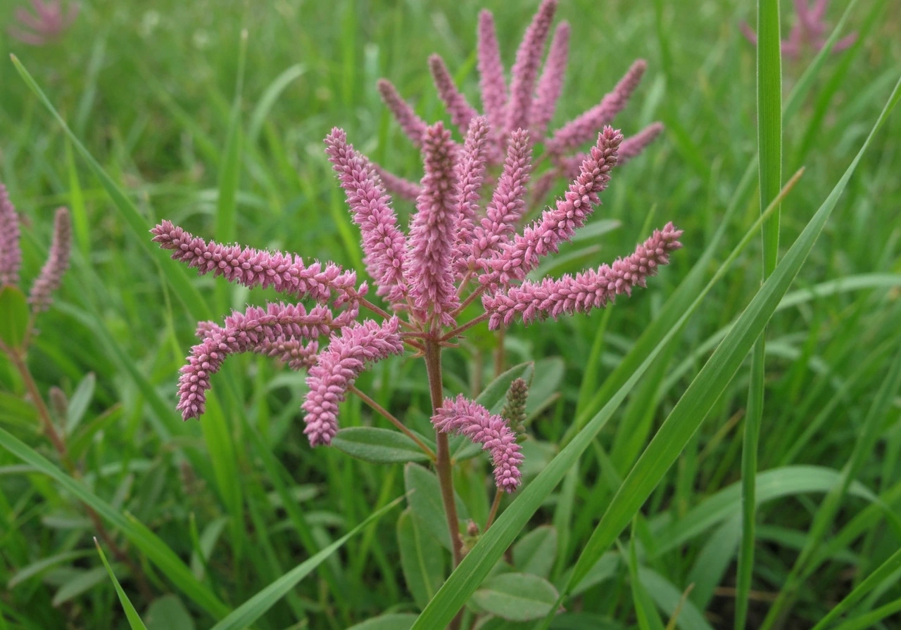 Close-up van roze draadachtige pluisjes in het gras in een gazon, met scherpe grasstructuur en natuurlijke belichting.