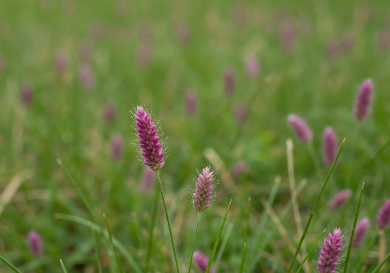 Close-up van roze koraalrode draadjes en pluisjes op grassprieten met kleine plekjes in het gras.