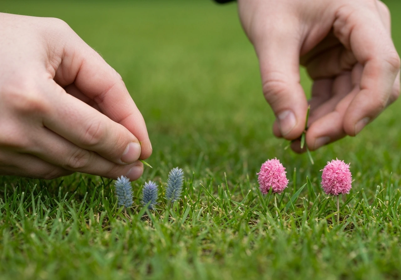 Close-up van gras met gele sprietjes en roze pluisjes, met anonieme handen die het verschil aanwijzen.