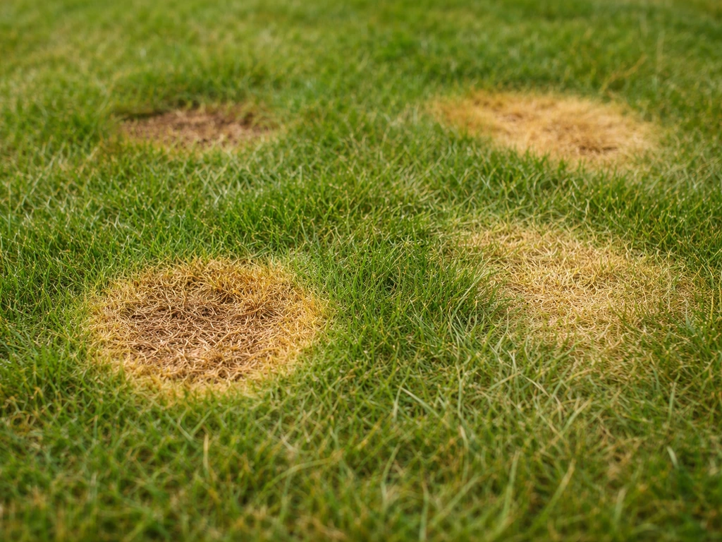 Close-up van gras met duidelijke vlekken: geel/bruin, scherpe en vage begrenzing in een tuinsetting.