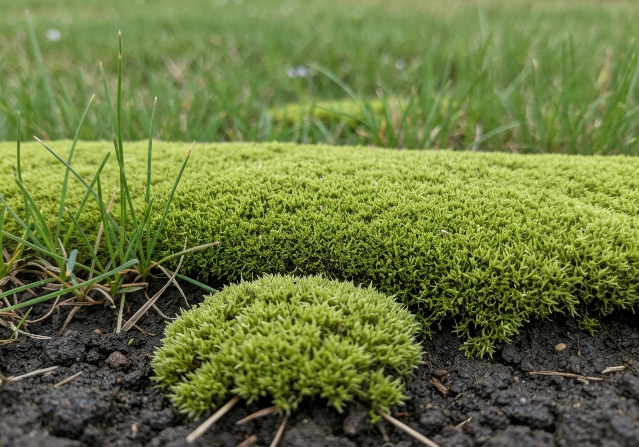 Close-up van mosplekken in een gazon, met zichtbaar mos versus gras en donkere, verdichte grond.