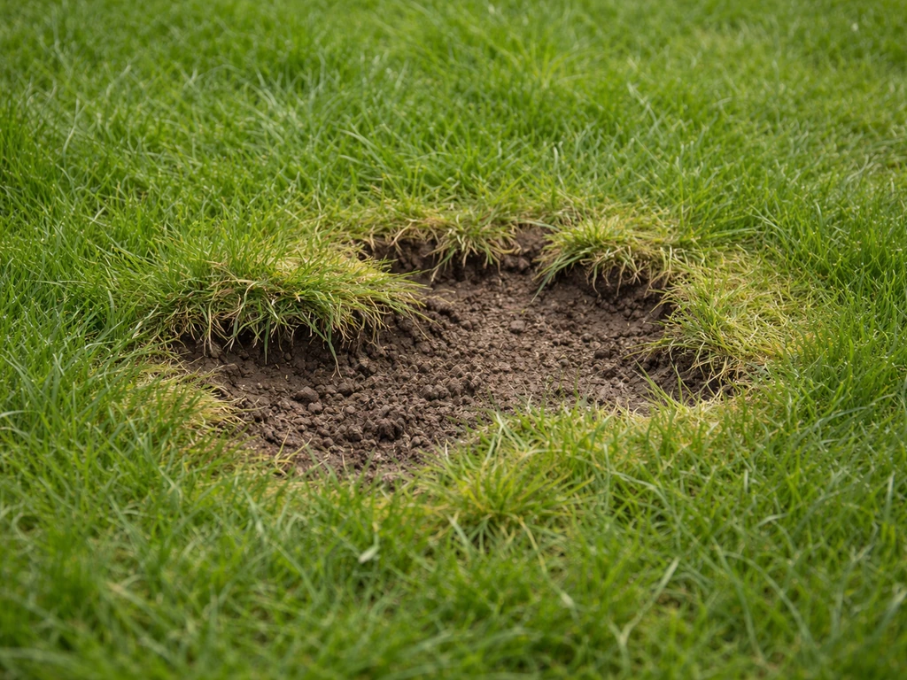 Losgetrokken graszoden en afstervende plekken in een gazon, met zichtbare grond bij de wortelzone.