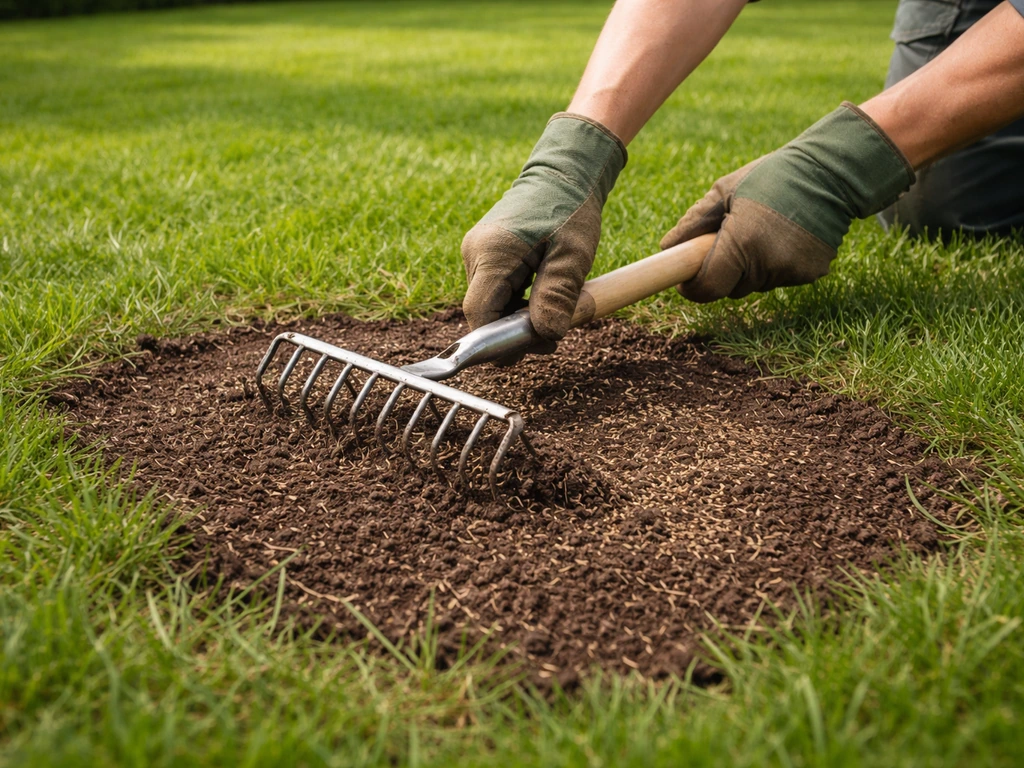 Tuinier werkt met een hark in een kale plek van het gazon en zaaigoed wordt ingewerkt