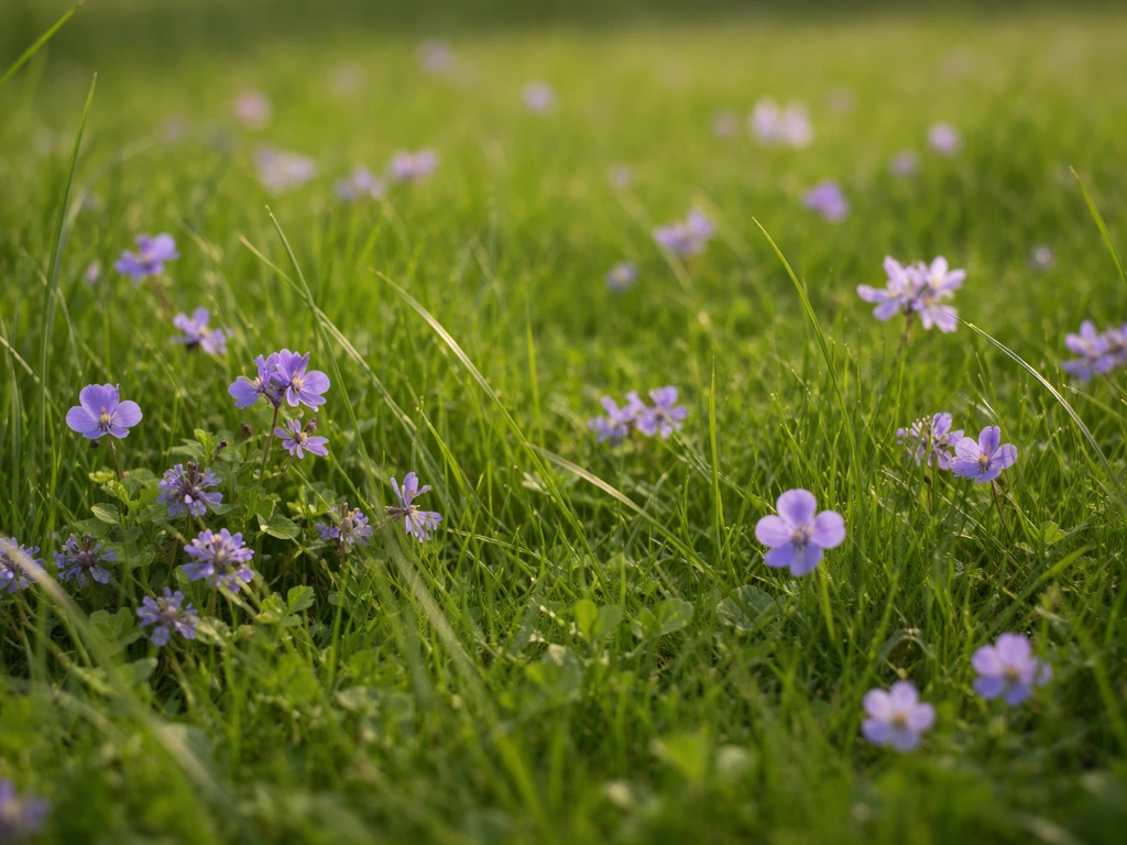 Meerdere paarse bloemetjes tussen het gras in een Nederlands gazon, in natuurlijk ochtendlicht.
