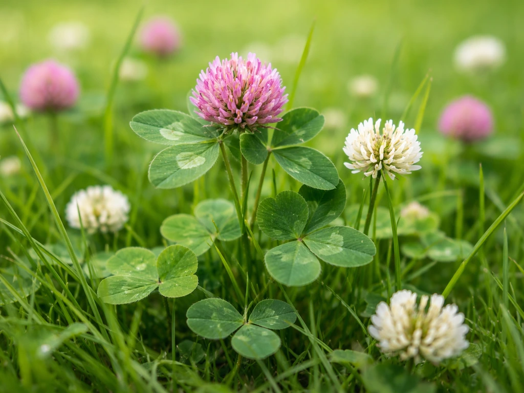 Roze/rode en witte klaverbloemetjes in het gazon, met drielobbige bladeren scherp in beeld.