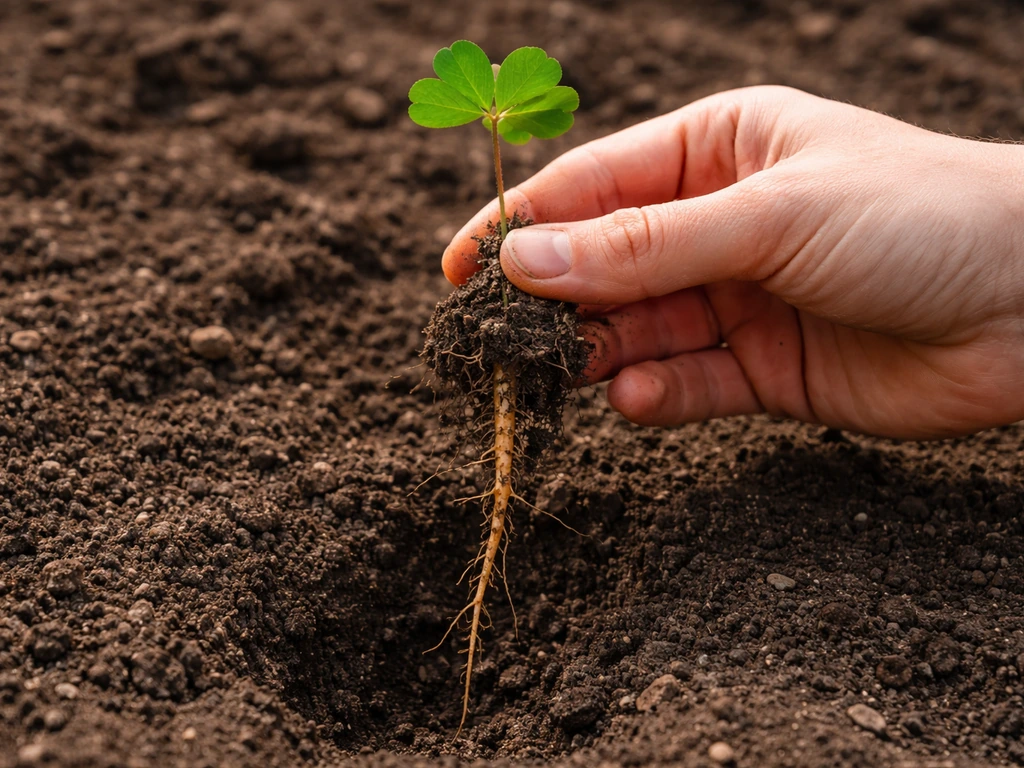 Handen trekken een klaverplant met penwortel uit de grond; wortel komt zichtbaar mee omhoog.