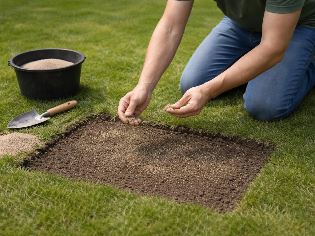 Handen die kale gazonplek doorzaaien en licht topgrond aanbrengen in een stille tuin.