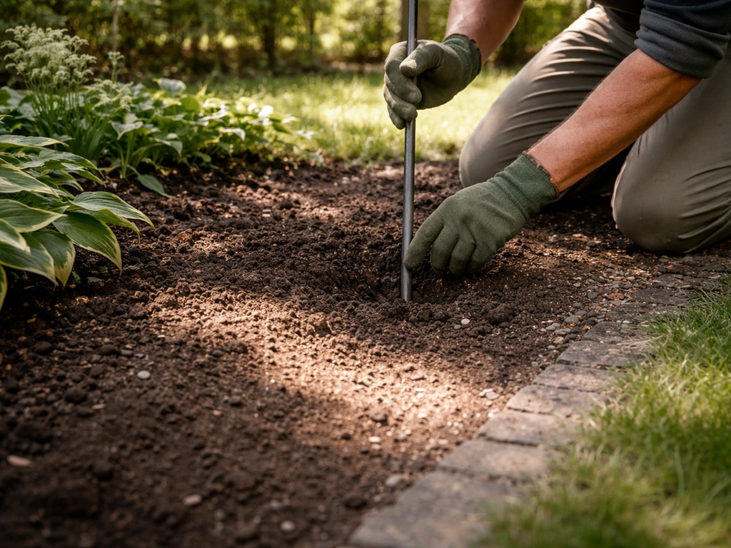 Handen in een tuin die de grond prikken bij een schaduwplek met zichtbare zon- en schaduwverdeling.