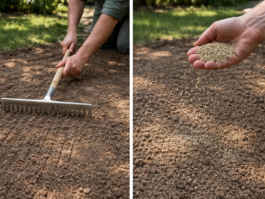 Tuinman egaliseert de grond met een hark en strooit daarna graszaad in de schaduw