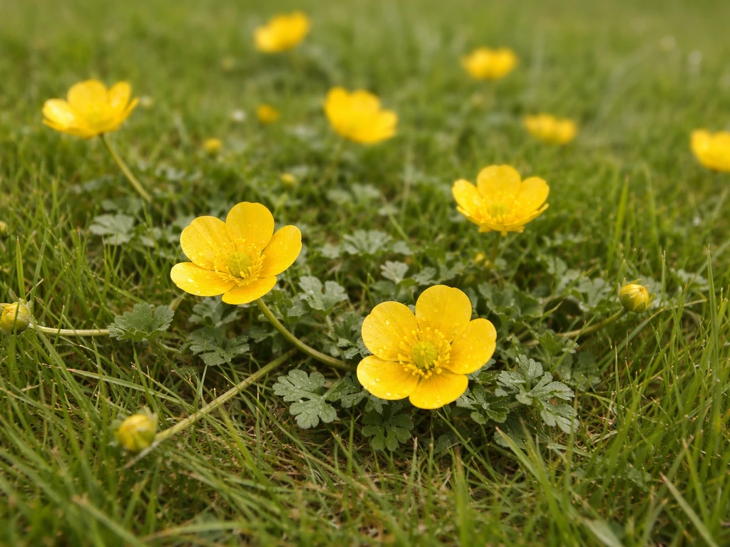 Gele boterbloemen tussen groen gras in een Nederlands gazon, close-up met zicht op blad en kruipende groei.